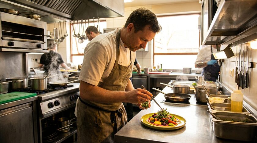 AI-generated image: Chef plating in a restaurant kitchen