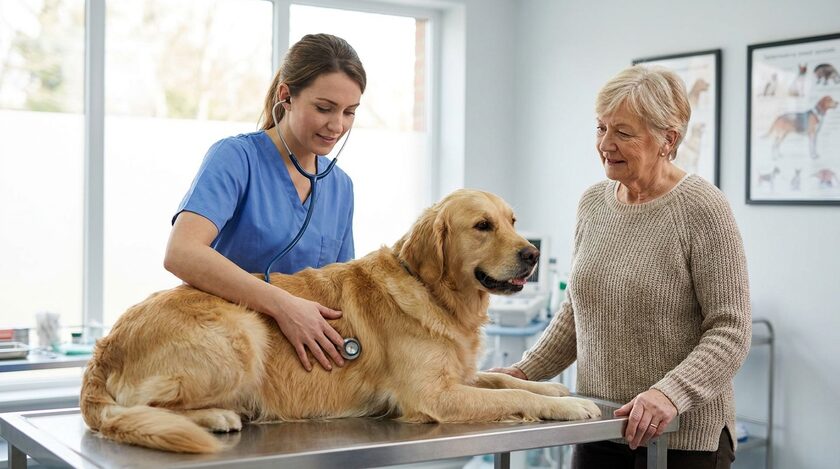 AI-generated image: Veterinarian examining a golden retriever