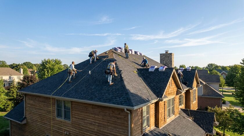 AI-generated image: Roofing crew installing shingles