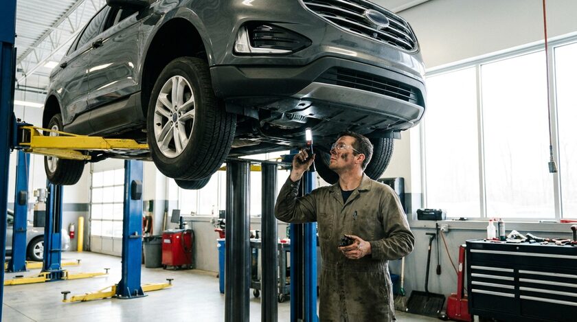 AI-generated image: Auto mechanic inspecting a lifted SUV