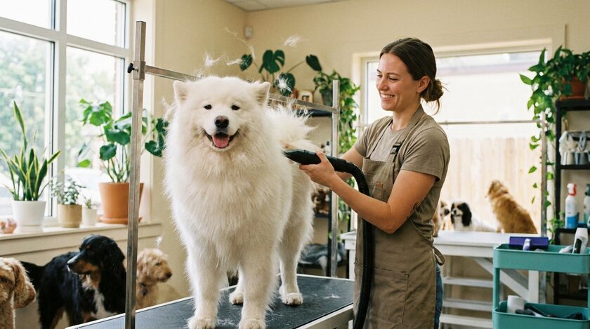 AI-generated image: Pet groomer with a fluffy dog