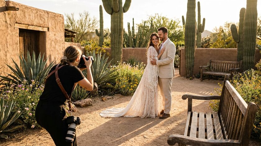 AI-generated image: Wedding photographer at golden hour